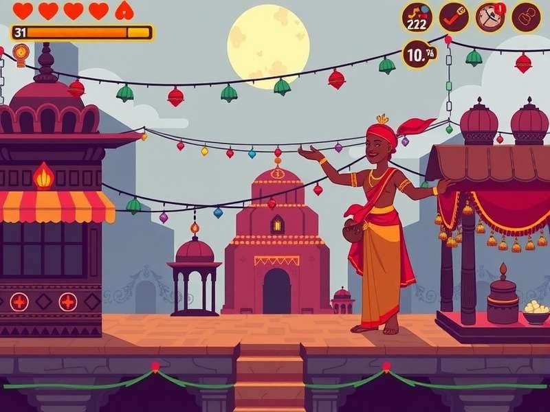 Pixel Choco Odyssey game screenshot showing Indian festival scene